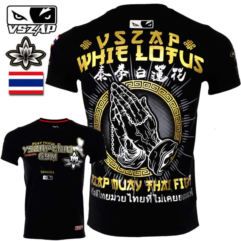 Vszap Gym coton respirant Style de boxe thaïlandaise Lotus manches courtes hommes T-shirt MMA Combat Sport Arts martiaux Camping col rond