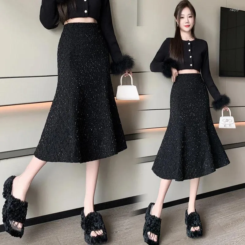 Skirts Korean Black Elegant Fishtail Skirt Woman 2024 Autumn Winter High Waist Flare Midi Female Shiny Ladies Party Faldas