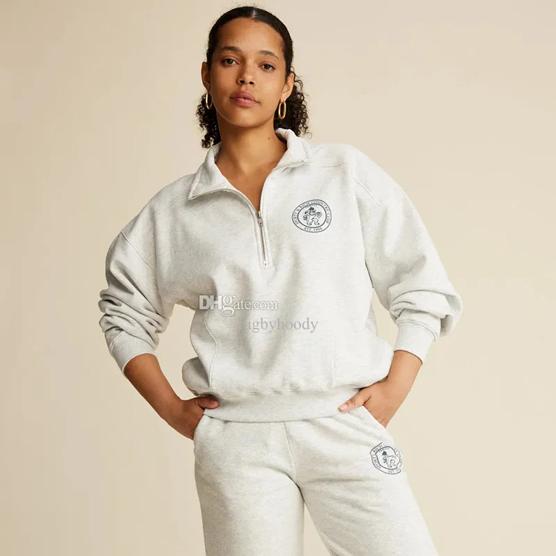 DHgate Sporty Rich Designer Streetwear Sweatshirt Womens Half Zip Gray Cotton Pullover Jumper Apparel
