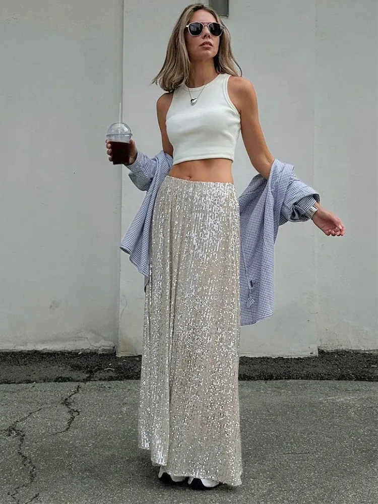 Mumaroho Autumn Winter Women Elegant Sequined Maxi Skirts Solid Gold High Waist Ladies Flare Long Skirt For Women 240108