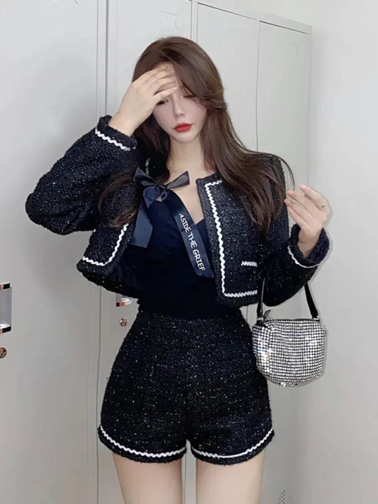 Koreansk elegant mode söt tweed tvåstycken byxuppsättningar för kvinnor jacka kappa kort 2 outfit ensemble femme 240108