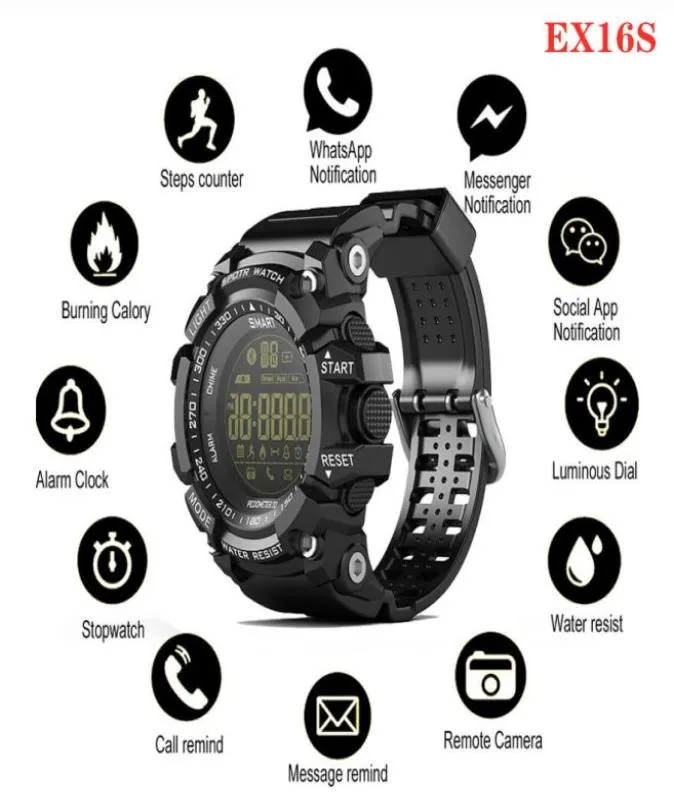 EX16S Relojes inteligentes Bluetooth IP67 a prueba de agua Reloj inteligente Relogios Podómetro Cronómetro Reloj de pulsera Reloj de pantalla FSTN para iPhone Andr2205230