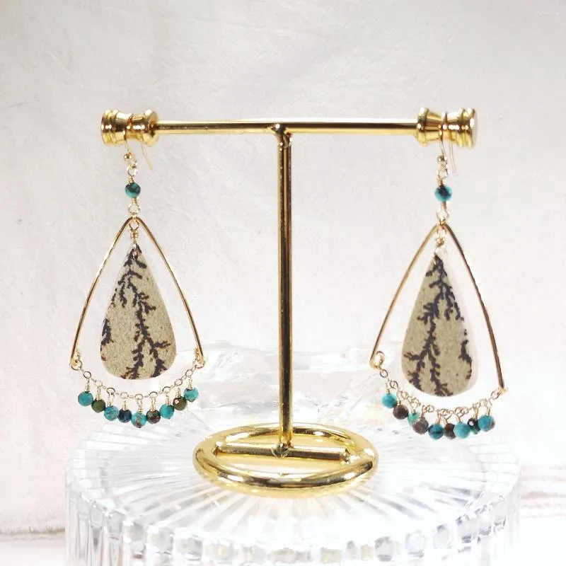 Lii Ji – boucles d'oreilles pendantes, 1 paire seulement, chrysocolle naturelle avec Dendrite Psilomelane, bijoux américains remplis d'or 14 carats faits à la main