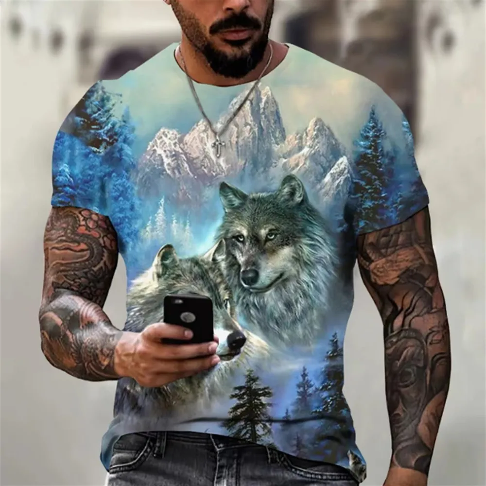 Camisetas masculinas de verão transfronteiriças da Europa e América, roupas de manga curta com padrões de animais, impressão digital 3D, gola redonda casual, camisetas de manga curta