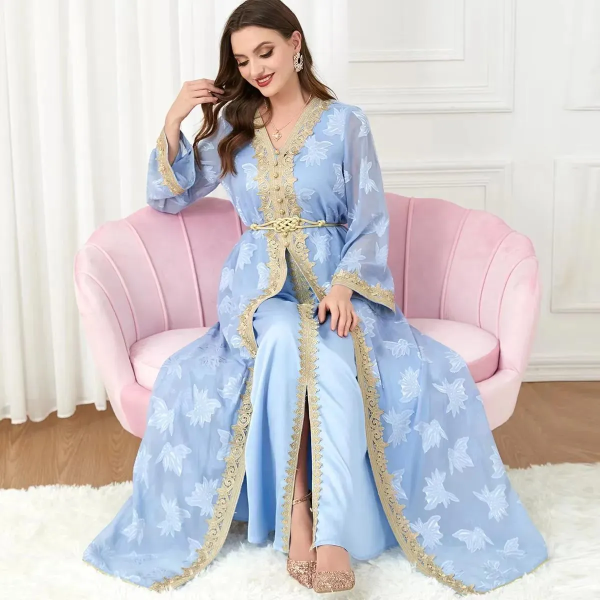 Dresses sky blue Muslim Arabic Prom Dresses lace Appliques Lace Abaya Dubai Kaftan Long Plus Size Formal Evening Gowns Luxury Crystal two