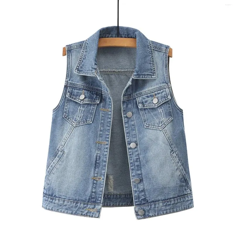 Gilet da Donna Gilet di Jeans da Donna Giubbotto Medio Corto Jean Senza Maniche Giacca in Pelle da Donna in Cotone Invecchiato 5x