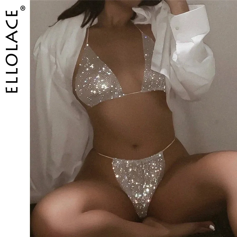 Ellolace Bling Rhinestones Fishnet Bikini Women Halter Bh Sexig Panty 2 Piece Outfits Lady Lingerie Set Sexig badkläder Kvinnor 240108