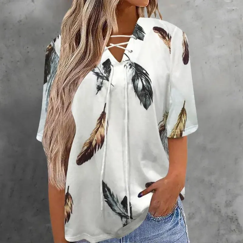 Damesblouses V-hals Dames losse blouse Korte mouw Voorkant Veter T-shirt Zomer Verenprint Elegante trui Top Vrouwelijke kleding