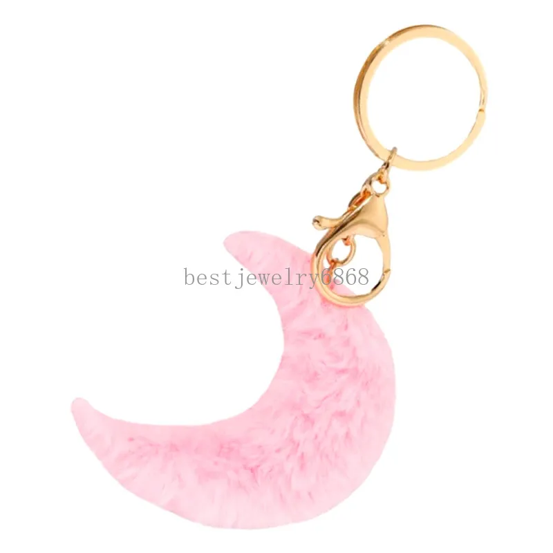 Chaveiros de pompom em forma de lua, chaveiros femininos de pele sintética com pingente de bolas de cabelo, porta-chaves, enfeites pendurados, decorações