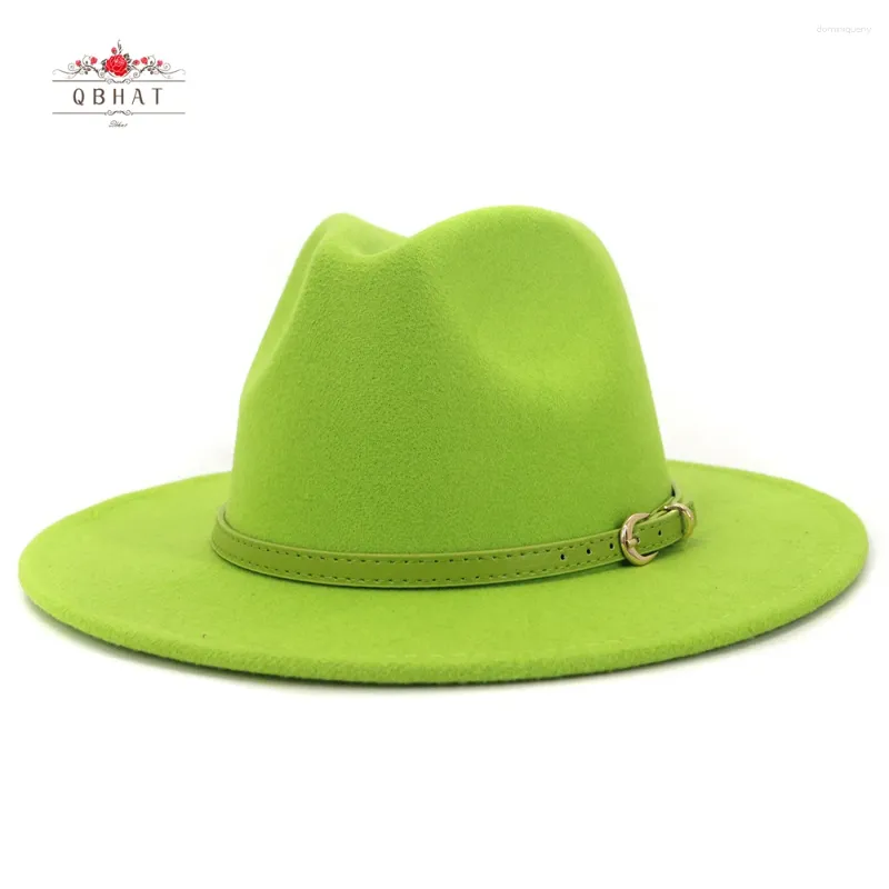 Berretti Moda Verde lime Fibbia per cintura Decor Feltro di lana artificiale Jazz Cappelli Fedora Donna Uomo Piatto a tesa larga Panama Cappello da cowboy L XL