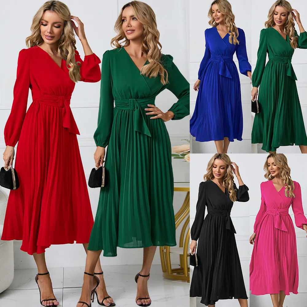 2024 European and American women's new long sleeved slim fit pleated belt V-neck dress A-line skirt