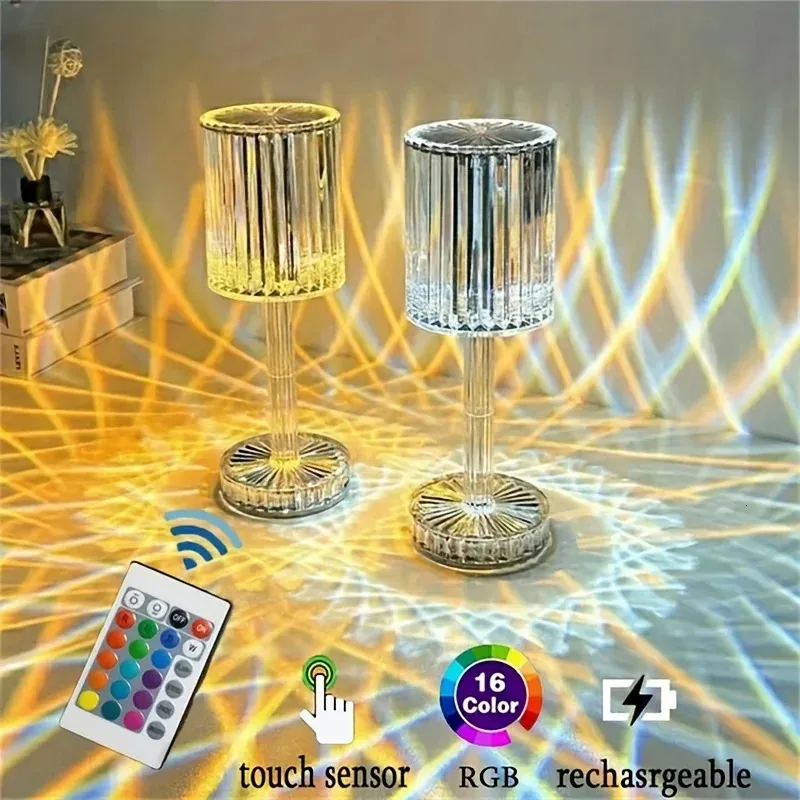 Crystal Table Lamp Touch Touch Remote Control Acrylic Night Lamp uppladdningsbar sänglampa LED Night Light Room Lights Home Decoration 240106