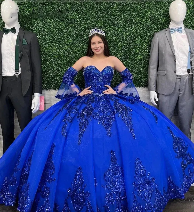 Королевские синие платья принцессы Quinceanera с блестящими кружевными аппликациями и съемными расклешенными рукавами, тюлевое платье для выпускного вечера с вырезом в форме сердца для девочек