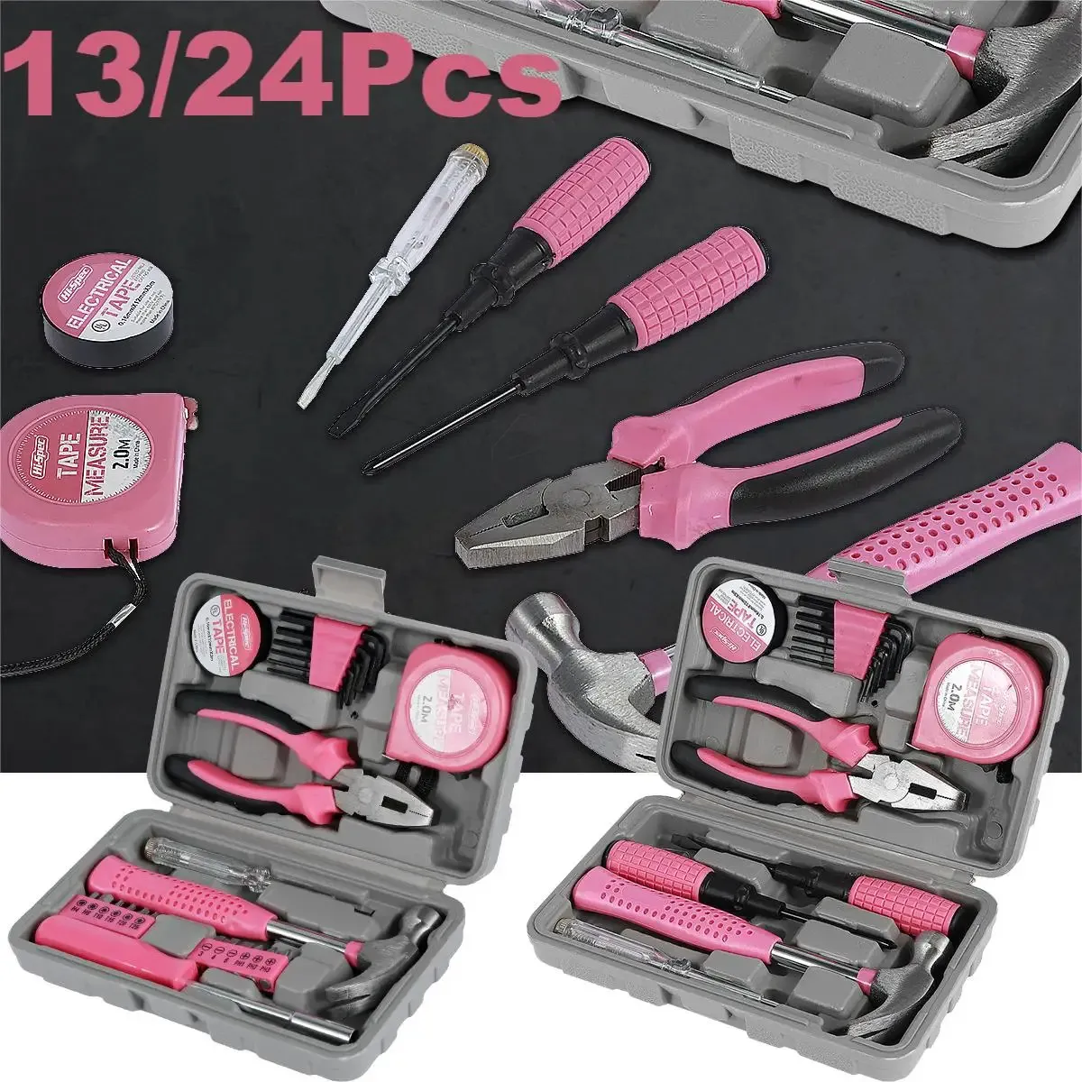 Kit de ferramentas de reparo doméstico multiuso rosa, 1324 peças, conjunto de mão com estojo de armazenamento, martelo durável e chave allen 240108