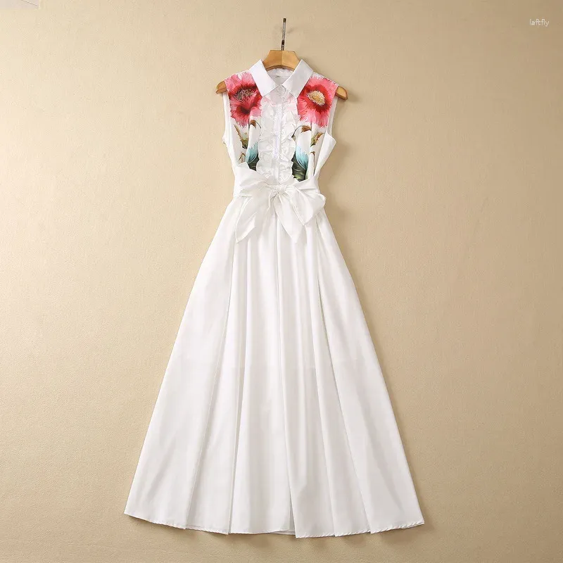 Casual Dresses European And American Women's Clothes 2024 Summer Lapel Floral Print Belt Sleeveless Fashion Pleated Dress XXL