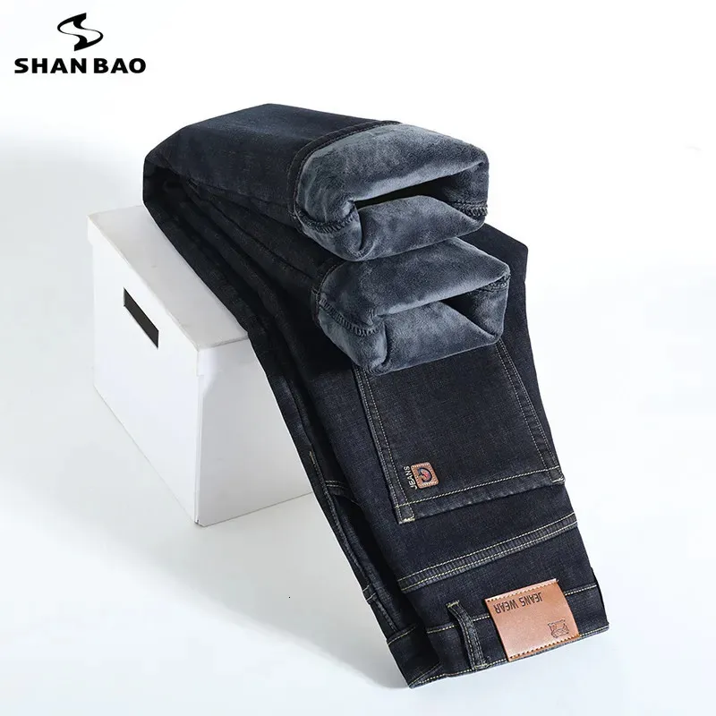 Merk heren winter fluwelen verdikte jeans modieuze rechte losse business casual warme denim broek broek zwart blauw 240108