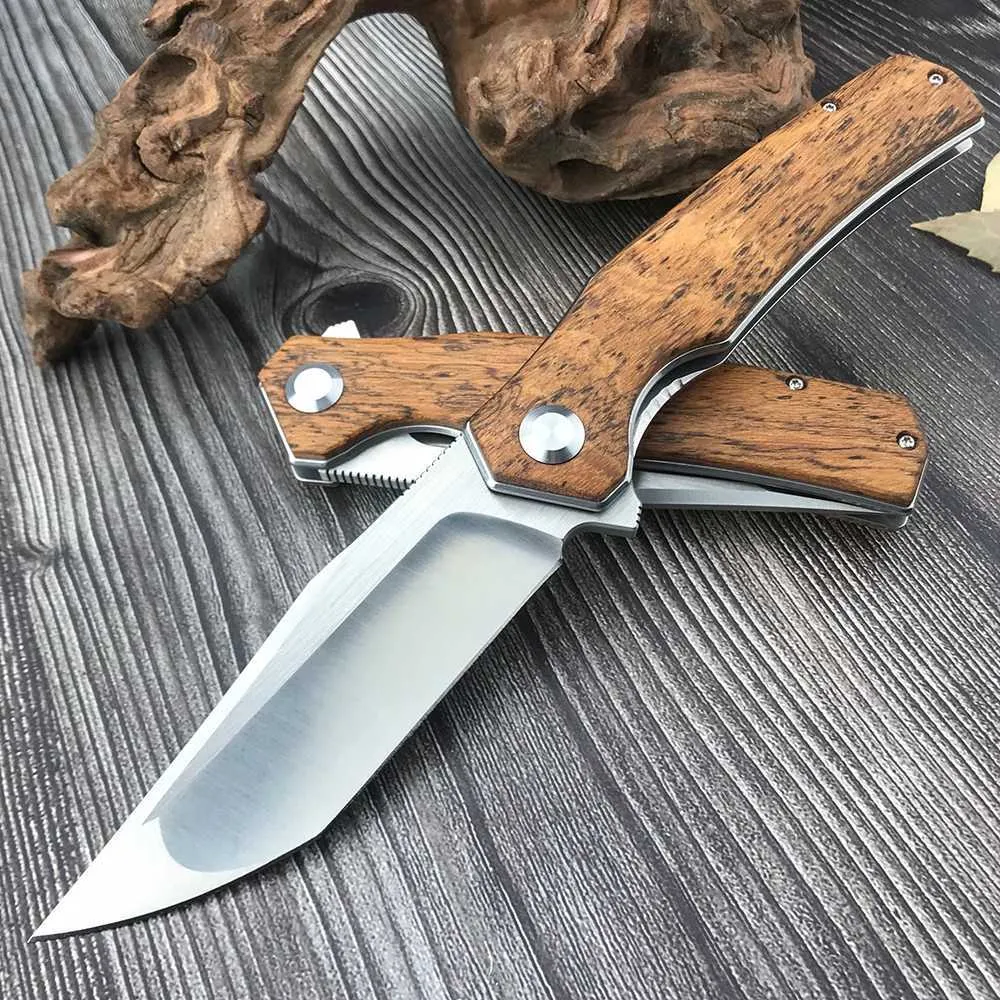 Knife Camping Outdoor EDC Pocket Flipper D2 Blade Combat Knives Folding Knife Survival Hunting Tactical Knife Wood Handle Jackknife