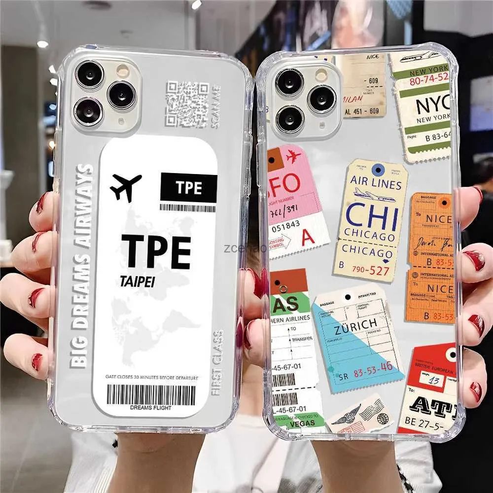 Cajas de teléfonos celulares Etiqueta de boleto de avión Caja de teléfono de viaje para iPhone 14 13 12 11 Pro X XS XR Max 7 8 Plus SE Mini 2020 2022 Soft Clear TPU Back CoverL240105