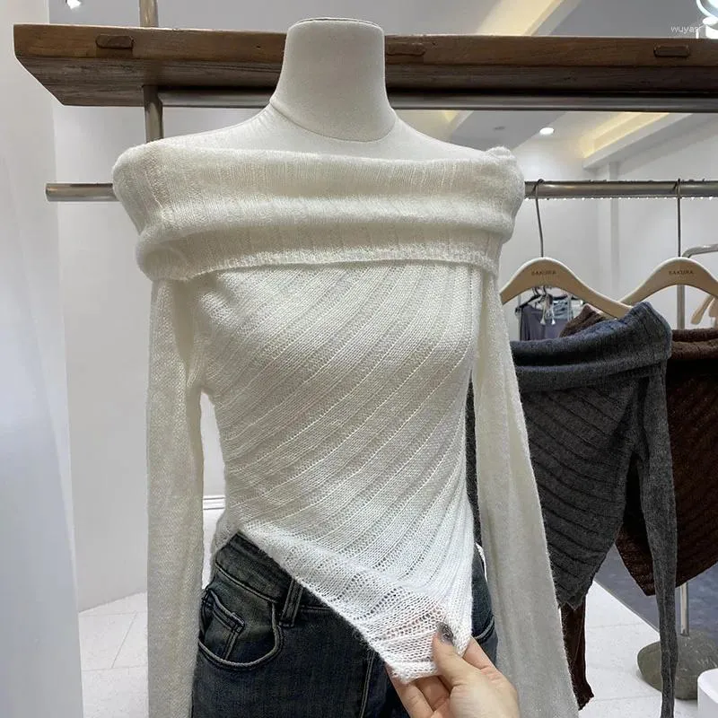 Women's Sweaters Korean Fashion Knitted Sweater Women Off-shoulder Long Sleeve Female Autumn Pullovers Elegant Ladies Irregular Tops Drop
