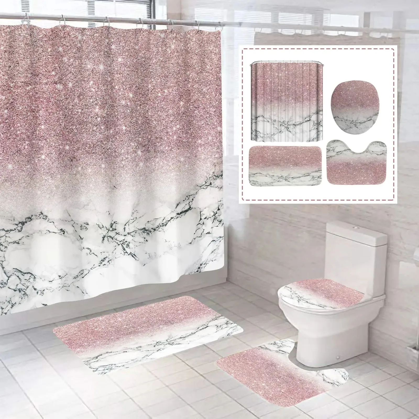 Flash Pink Marble Shower Curtains Shiny Decor for Bathroom Polyester Fabric Decorative Bath Screen Toilet Cover Carpet WC Sets 240108