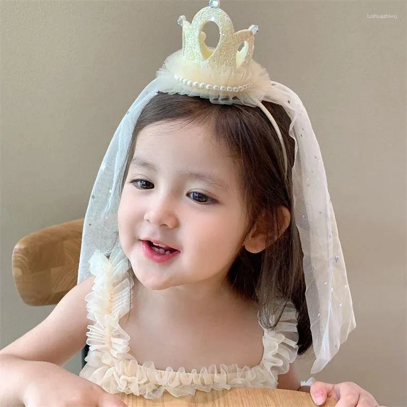 Hair Accessories Princess Girl Hoop Sweet Crown Squein With Mesh Hairs Band For Toddler Birthday Party Baby Head Wear