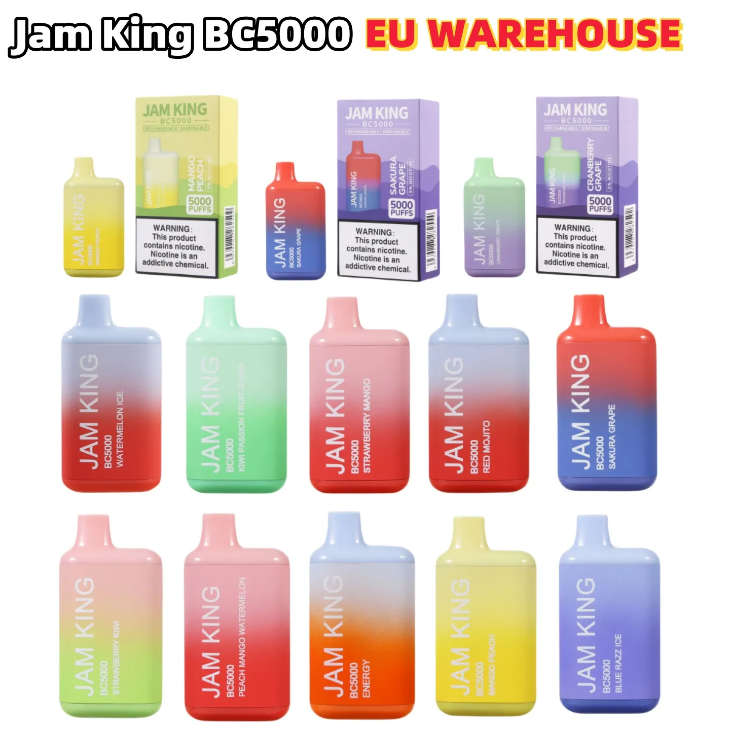 EU Warehouse vapes bouffée jetable 5000 Jam King BC5000 puffbar Stylo vape original 13 ml Prérempli 650 mAh Stylo de batterie Saveurs de fruits rechargeables