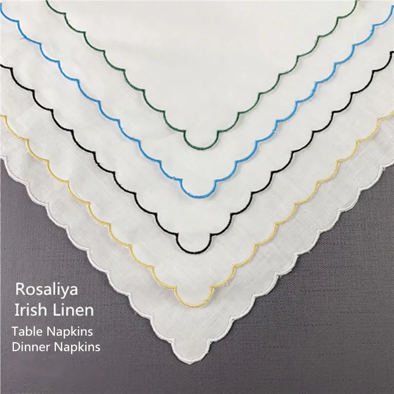 Set of 12 Fshion Table Napkins 40*40 CM Dinner Napkins White Irish 100% Linen Tea Napkins with Color Embroidered Scalloped Edges 240108