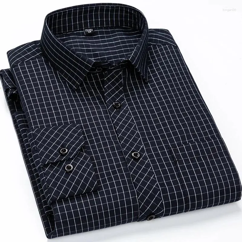 남성용 캐주얼 셔츠 긴 슬리브 격자 무늬 쉬운 관리 정규 적합 정식 줄무늬 남성을위한 공식 줄무늬 전면 주머니가있는 체크 무늬 사업