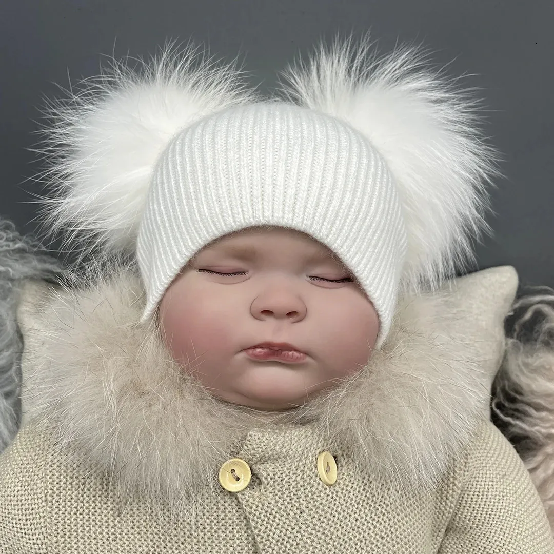 MISSJANEFUR Inverno Angora Cappelli lavorati a maglia Neonato Bambino Carino Doppio Pom Beanie Cappello Bambino All'ingrosso Capretto Bambini Berretti caldi 240108