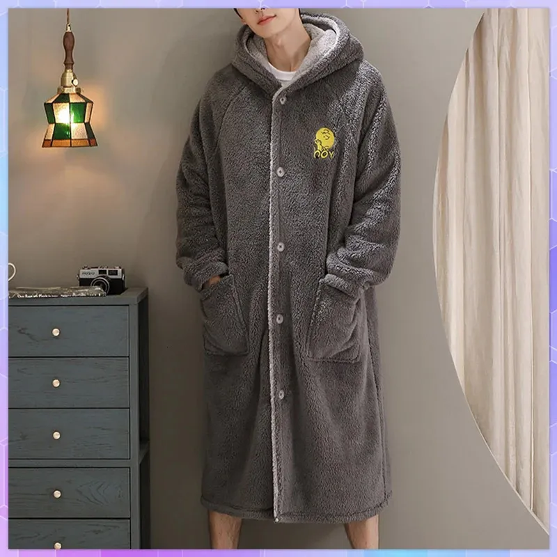 Robe quente de manga comprida para homens, roupão grosso de veludo quimono, roupas para casa, pijama masculino, cardigan masculino, design de vestido 1 peça 240108