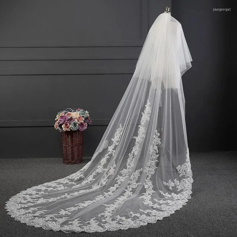 Voiles Voiles de mariée Real Pos accessoire de Mariage 2 niveaux Voile dentelle bord chapelle longueur longue avec peigne en métal Voile Mariage