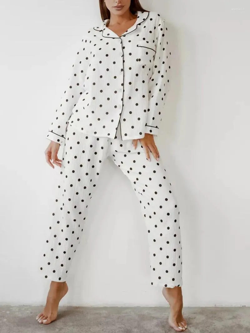 Pigiama da donna Marthaqiqi a pois da donna Pigiama da donna Colletto rovesciato sexy Manica lunga da notte Pantaloni Camicia da notte femminile Set da 2 pezzi