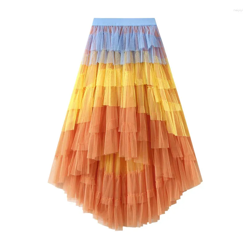 Skirts 2024 Autumn Women Short Front Long Back Irregular Skirt Cake Rainbow Tulle Mesh Skater Colorful High Low Ruffle Party