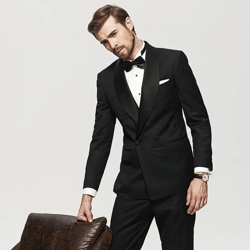 Мужские костюмы STEVDITG двубортный черный с шалью и лацканами, приталенный элегантный мужской деловой пиджак, роскошный свадебный пиджак из 2 предметов, брюки