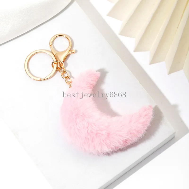 Chaveiros de pompom em forma de lua, chaveiros femininos de pele sintética com pingente de bolas de cabelo, porta-chaves, enfeites pendurados, decorações