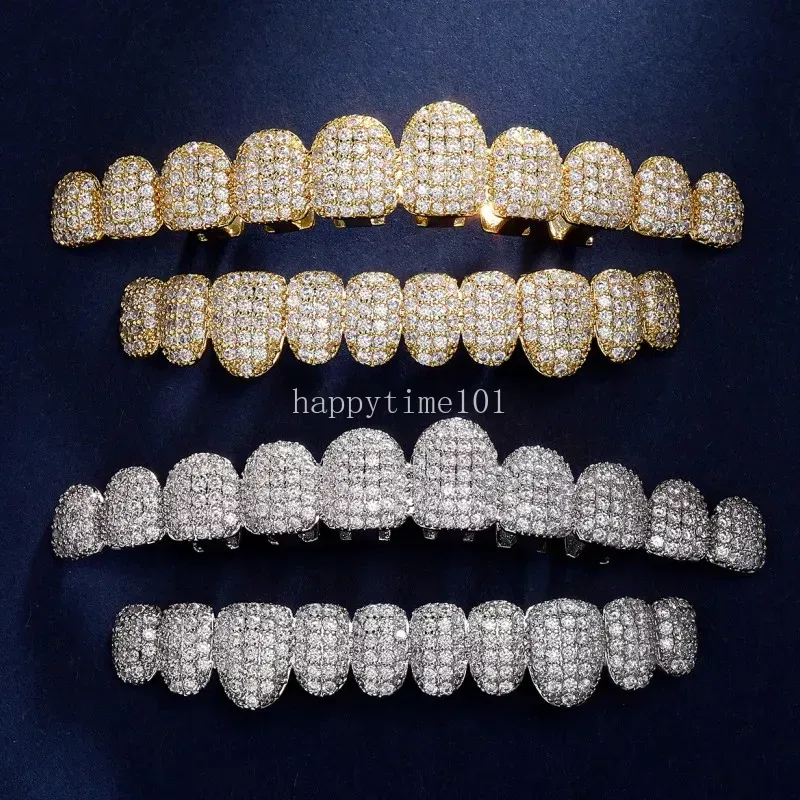 10 أسنان bling شوايات الأسنان الزركون الصافية للرجال للرجال نساء 18K الذهب مطلي بالقلق الكامل CZ Grillz مجموعة الهيب هوب Grillz