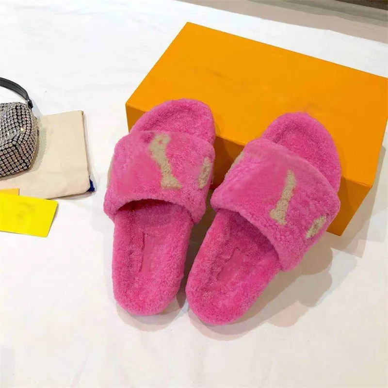 Designer Luxury Bom Dia Paso Lamb Fur Shearling Red Pink Flat Sandals Mules Black Ladies Cotton Slipper With Box