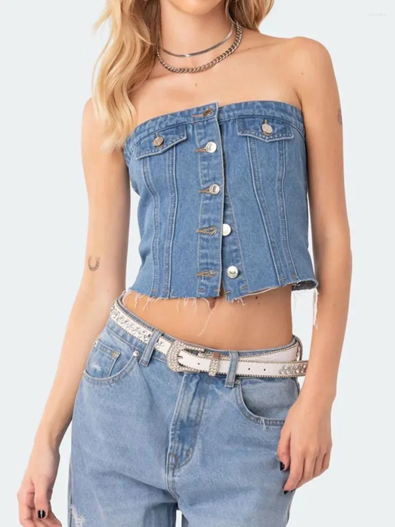 Women's Tanks Women Denim Tube Tops Strapless Blue Casual Sexy Chic Slim Fit Button Down Bandeau Corset Streetwear For Daily