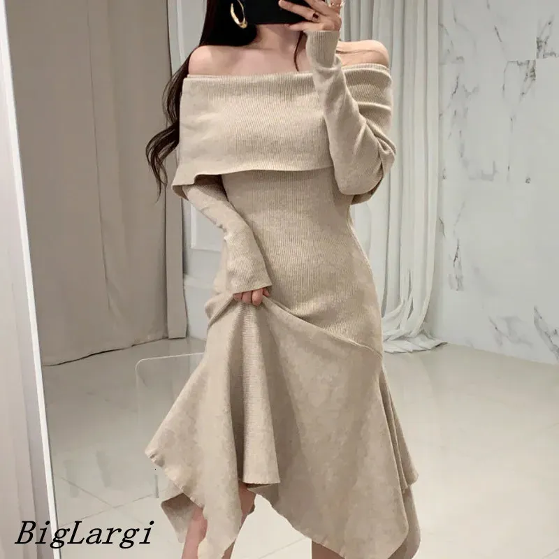 2024 Sexy Schulter Gestrickte Kleid frauen Elegante Casual Modis Lose Vintage Kleid Vestidos Koreanische Kleid 240108