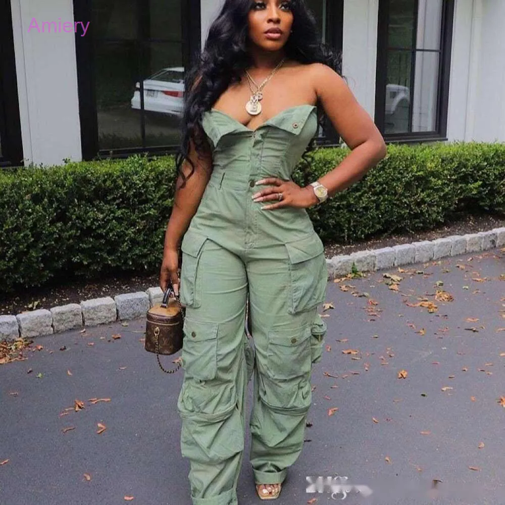 Sexy Party Streetwear Jumpsuit Bodysuit Rompers women spring cargo pants Strapless Button Multi Pocket Cargo Pants Work Suit Jumpsuits For Women Plus Size S-3XL