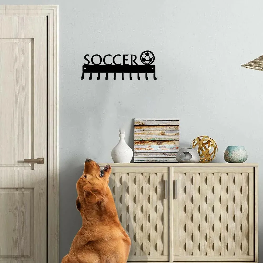 Items Soccer with Ball Medal Hanger Rack 14.5 inches with 10 Hooks Metal Wall Art