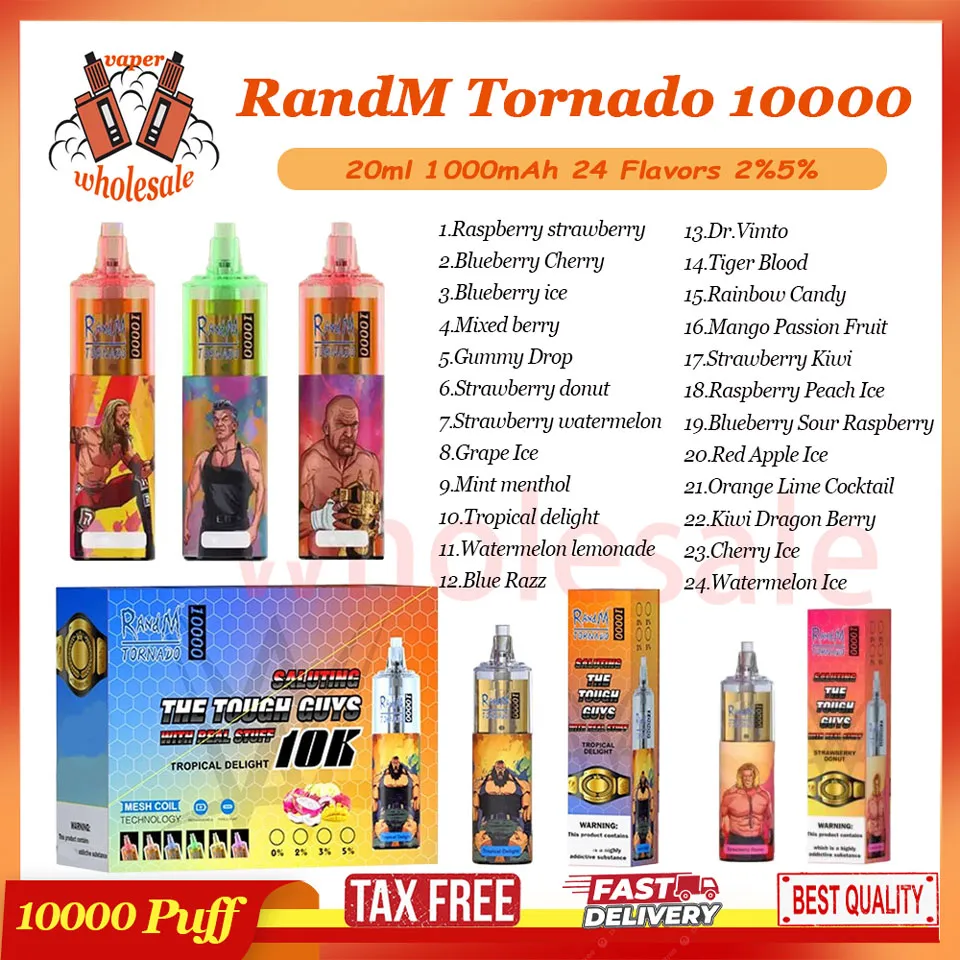 Original RandM Tornado 10000 Puff Caneta Vape Descartável 10k E Cigarro 1000mAh Bobina de Malha Recarregável 20ml Pod Pré-preenchido 2% 5% Dispositivo Vaporizador de Nível 24 Sabores 10kit