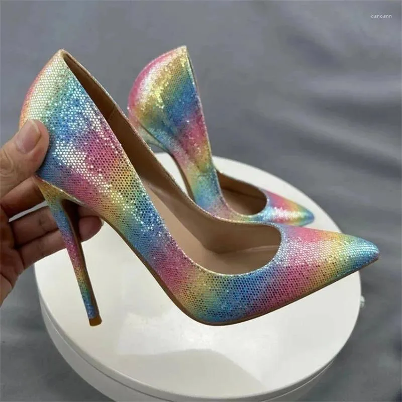 Dress Shoes Rainbow Colorful Stiletto Pumps Women Sexy Pointed Toe 12cm Extemely High Heels Ladies Party Club Plus Size