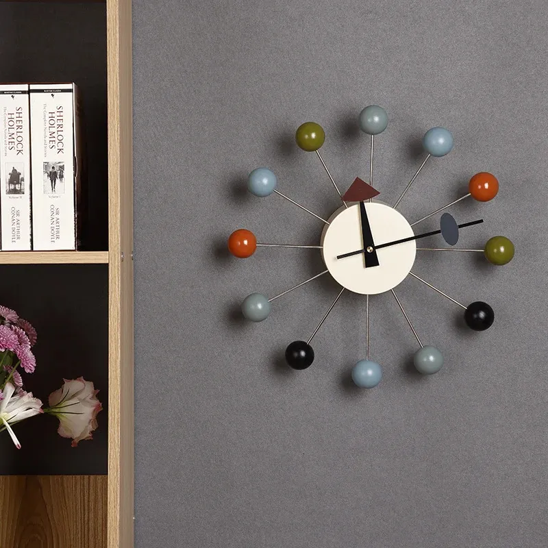 Silencioso bola redonda relógio de parede de madeira decoração de casa design moderno relógios 3d para sala de estar acessórios de decoração com movimento de importação 240106
