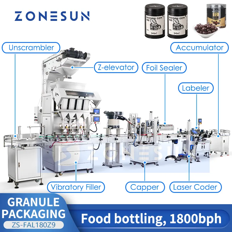 ZONESUN – Machine automatique d'emballage de granulés, ligne de Production d'embouteillage de particules, remplissage de bouteilles solides et de grains, capsulage, ZS-FAL180Z9