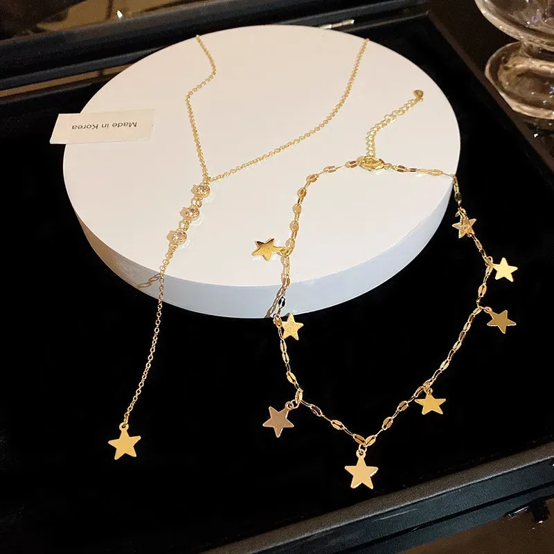 Exquisite Star Tassel Necklace 14k Yellow Gold Cross Pendant