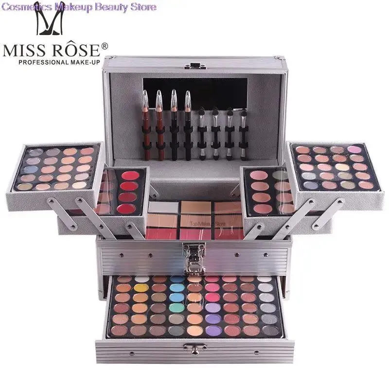 Sets Miss Rose Makeup Set Professional Eyeshadow Glitter Palette Matte oogschaduw+lipvoering+eyeliner+borstel+wenkbrauwpoeder+lippenstift