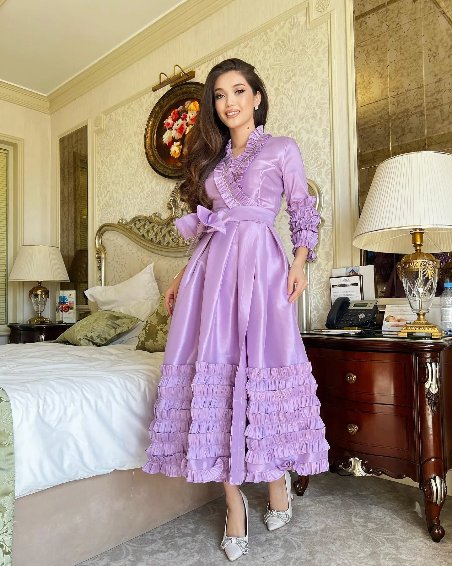 fitted lace wedding dress Pinkblush Purple Chiffon Long Sleeve Pleated Maternity Maxi Dress Medium main image 1