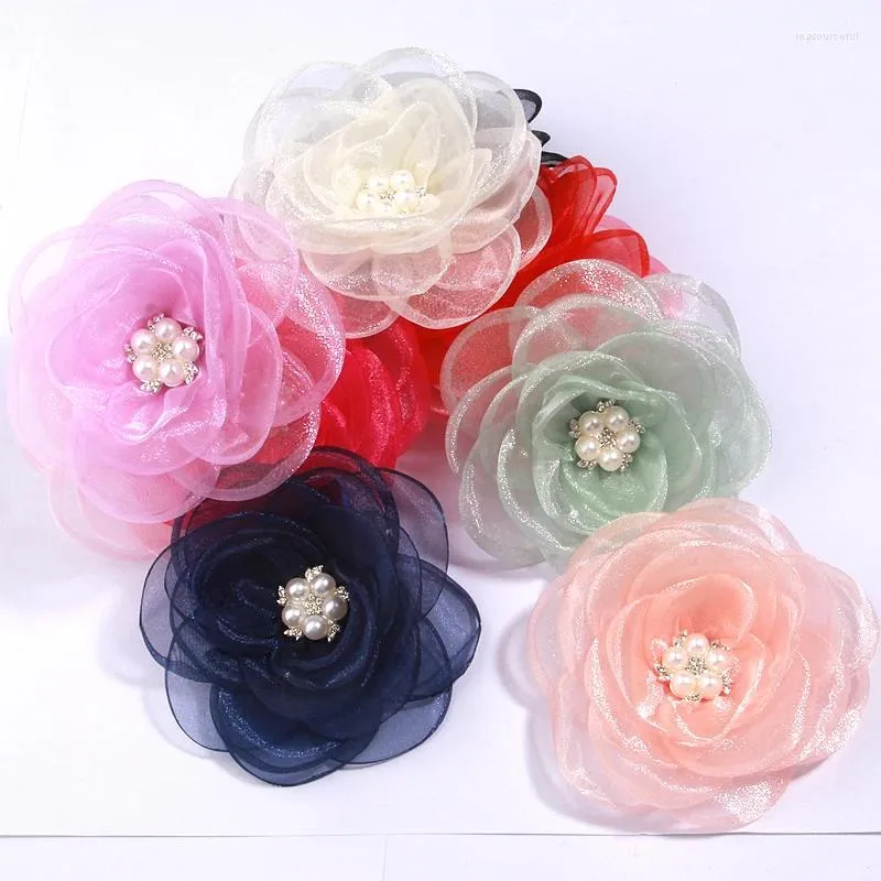 装飾的な花4PCS 3.9 "9.8cmシルクパールバーンエッジファブリックウェディングドレス帽子ネックレススリッパ装飾ブローチDIY