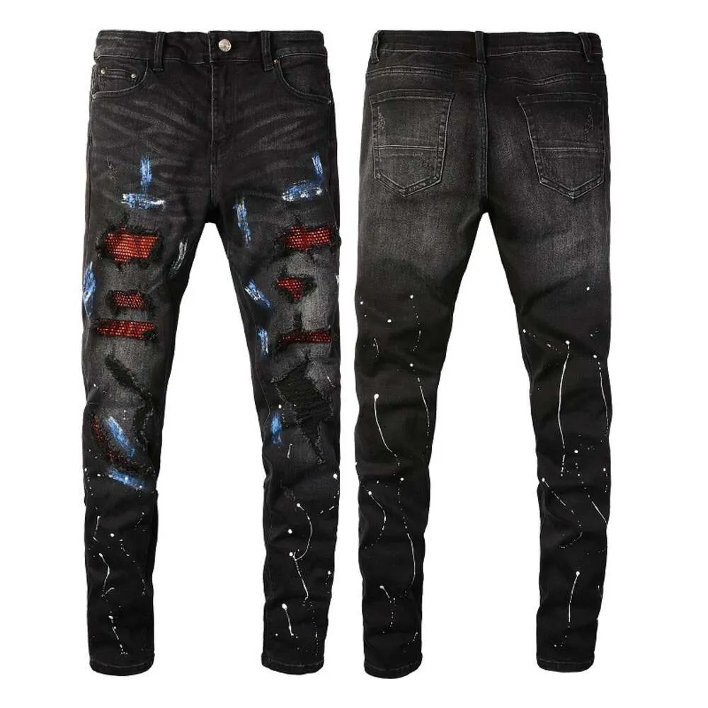 Pantalons de créateurs pour hommes Jeans violets Amris 8616 Jeans Trendy Brand Paint Hole Patch Jeans pour hommes Slim Fit High Street